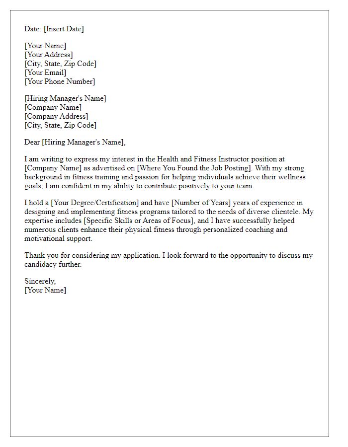 Letter template of application for a health and fitness instructor position