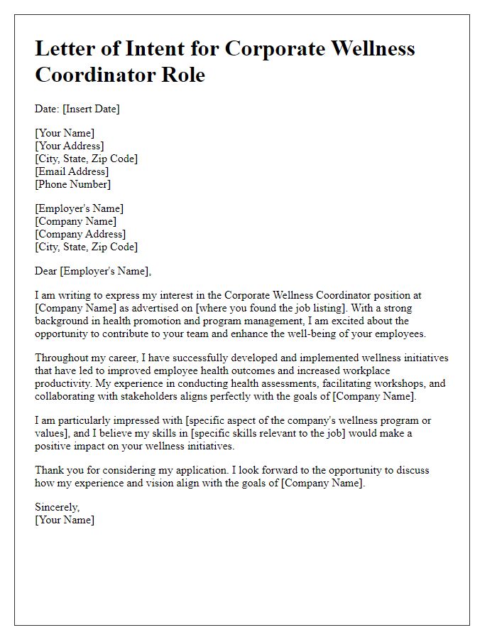 Letter template of intent for a corporate wellness coordinator role