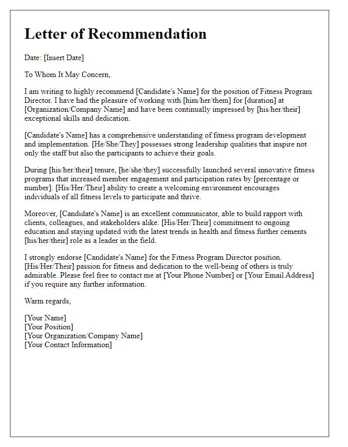 Letter template of recommendation for a fitness program director