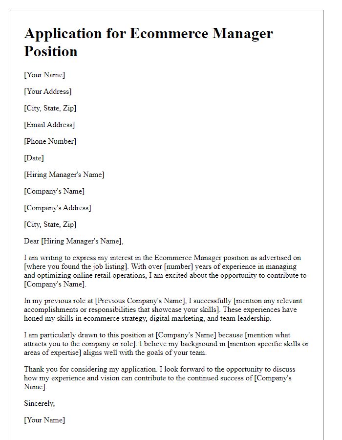 Letter template of Application for Ecommerce Manager Position