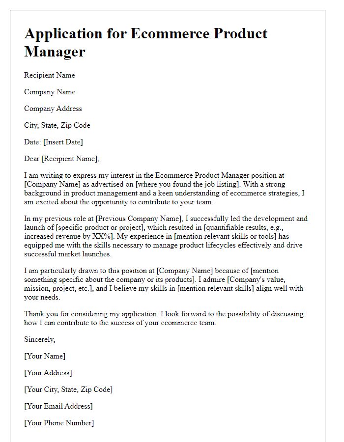 Letter template of Application for Ecommerce Product Manager