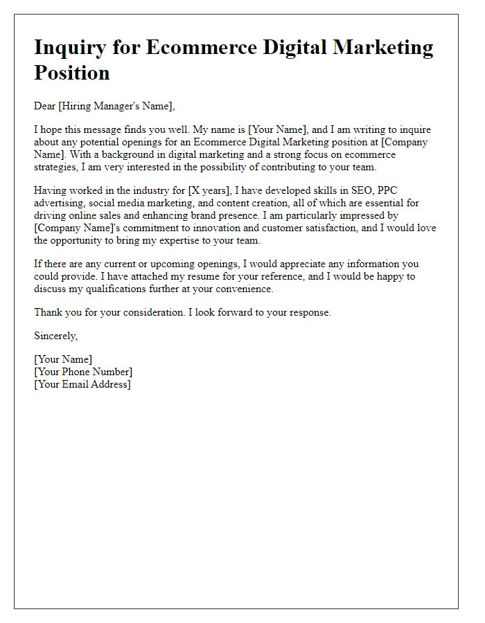 Letter template of Inquiry for Ecommerce Digital Marketing Position