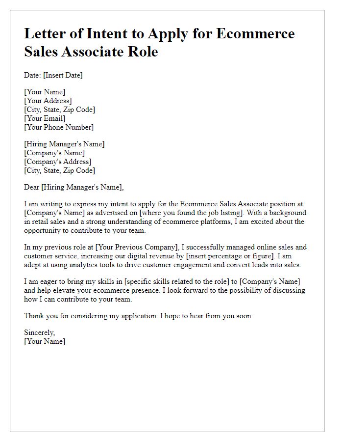 Letter template of Intent to Apply for Ecommerce Sales Associate Role