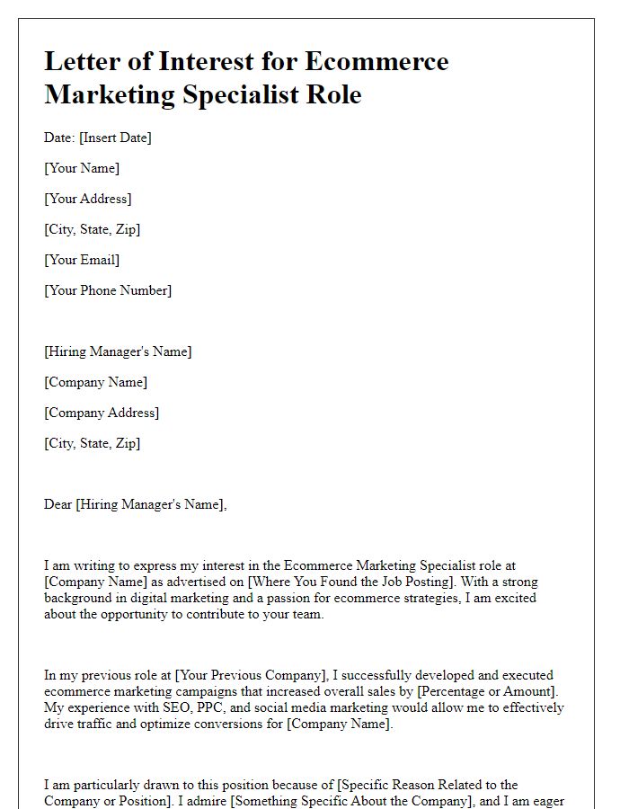 Letter template of Interest in Ecommerce Marketing Specialist Role