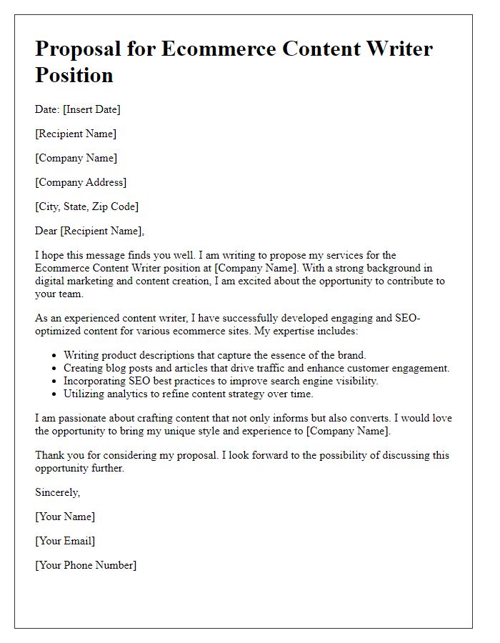 Letter template of Proposal for Ecommerce Content Writer Position