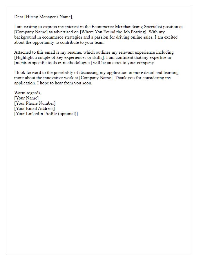 Letter template of Resume Submission for Ecommerce Merchandising Specialist