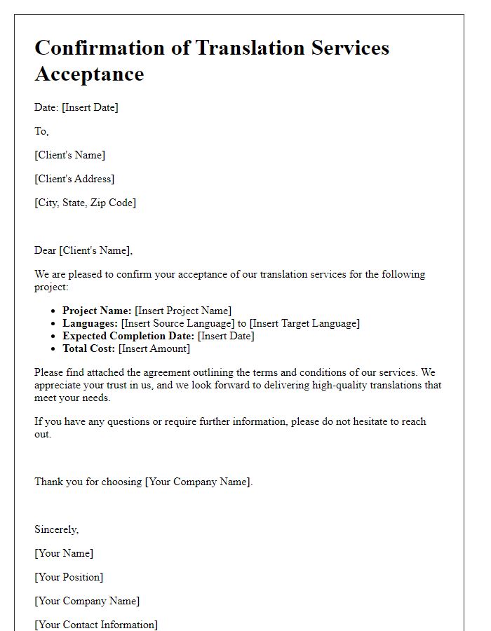 Letter template of confirmation for translation services acceptance