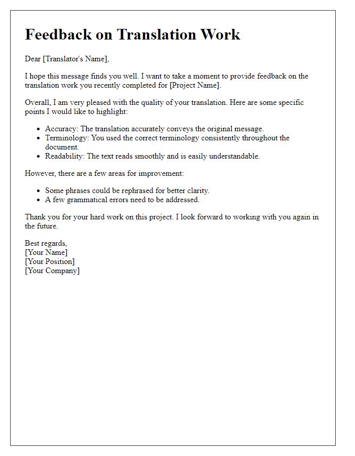 Letter template of feedback for completed translation work