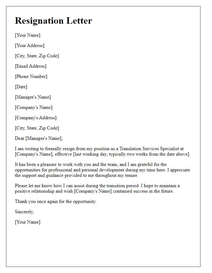 Letter template of resignation from translation services role