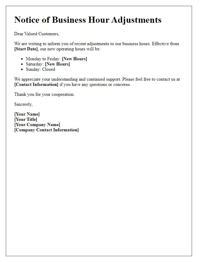 Letter template of business hour adjustments notice