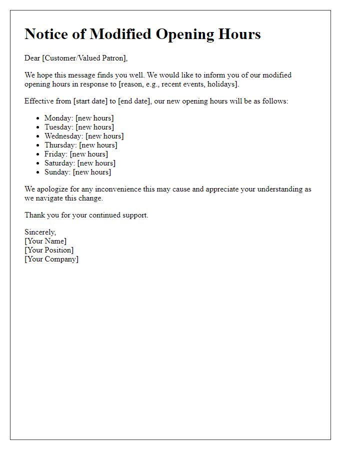 Letter template of modified opening hours information