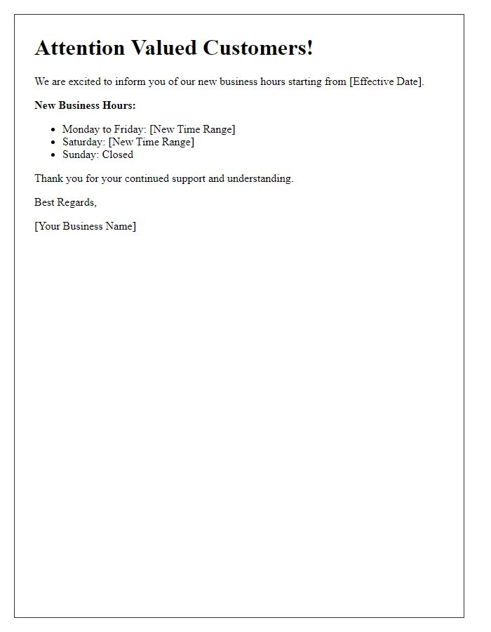 Letter template of new business hours alert