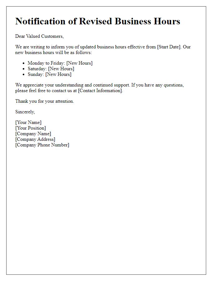 Letter template of revised business hours notification