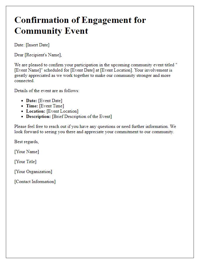 Letter template of confirmation for community event engagement