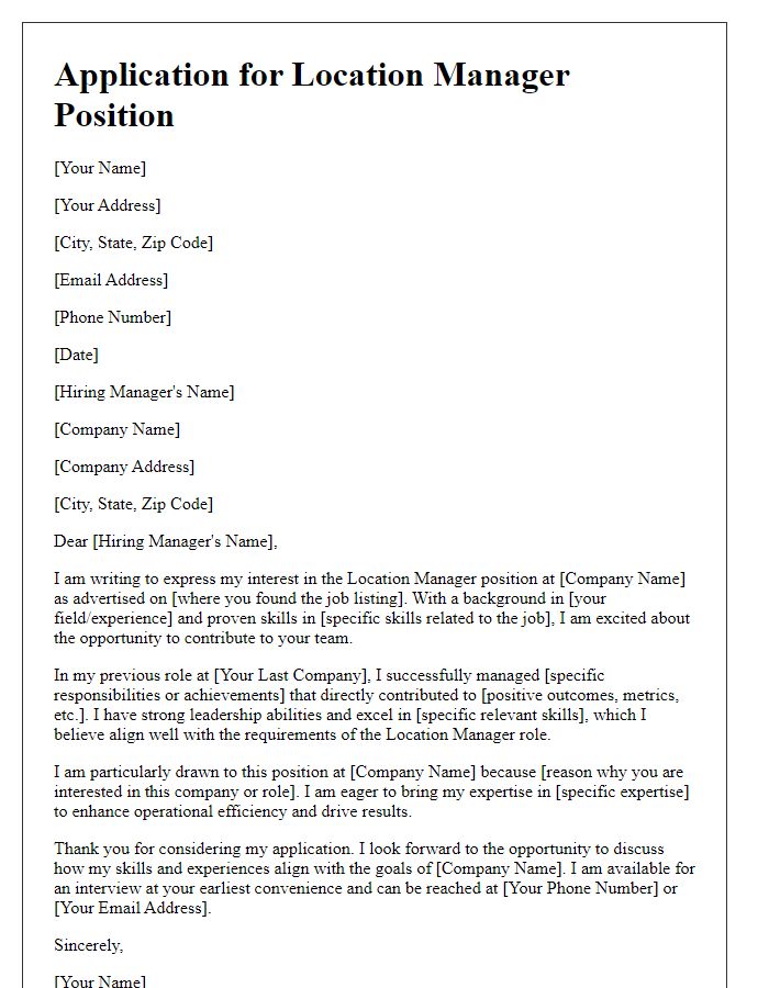 Letter template of Application for Location Manager Role