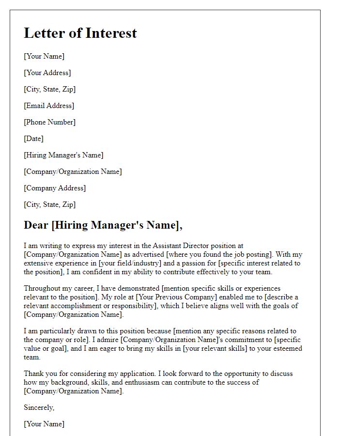 Letter template of Interest for Assistant Director Position