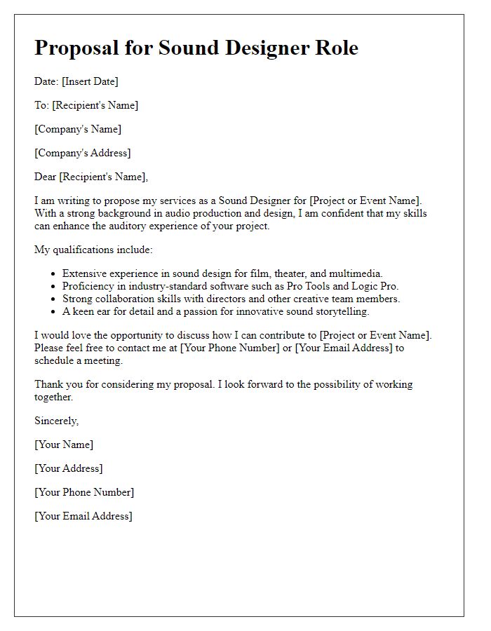 Letter template of Proposal for Sound Designer Role