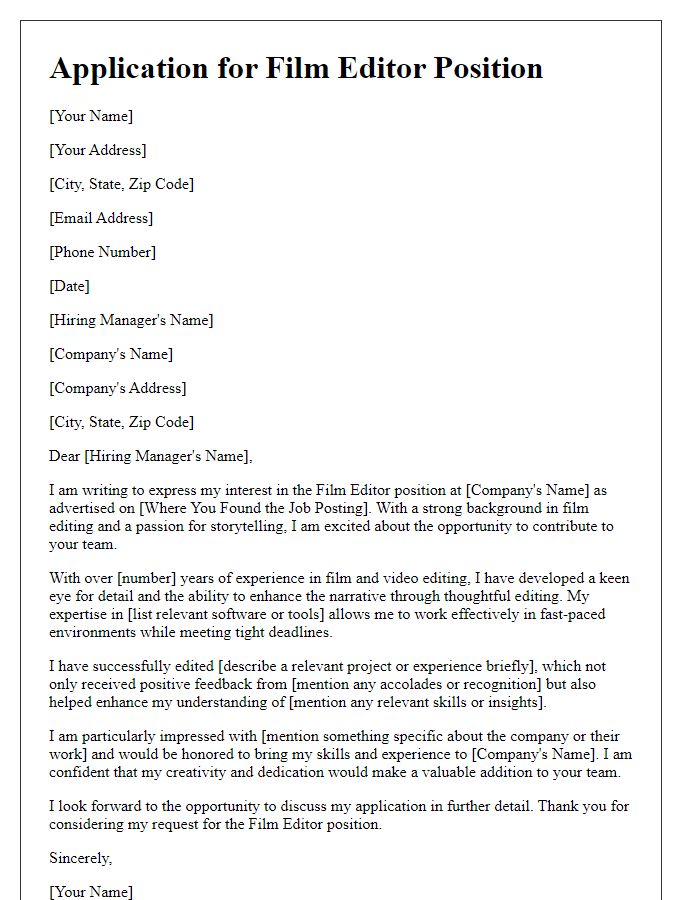 Letter template of Request for Film Editor Position