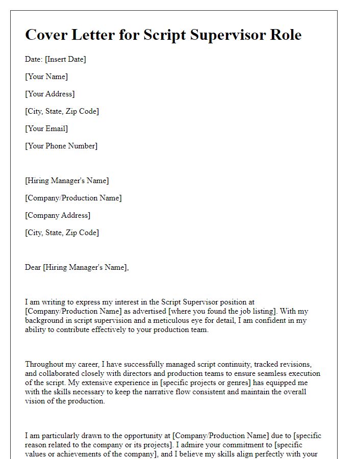 Letter template of Submission for Script Supervisor Role