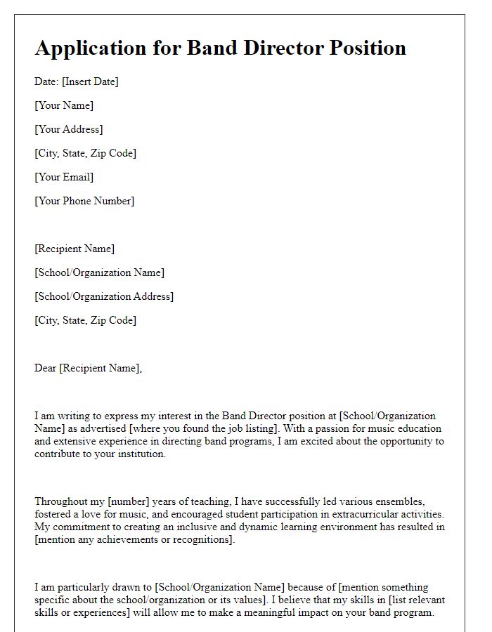 Letter template of application for a band director job.