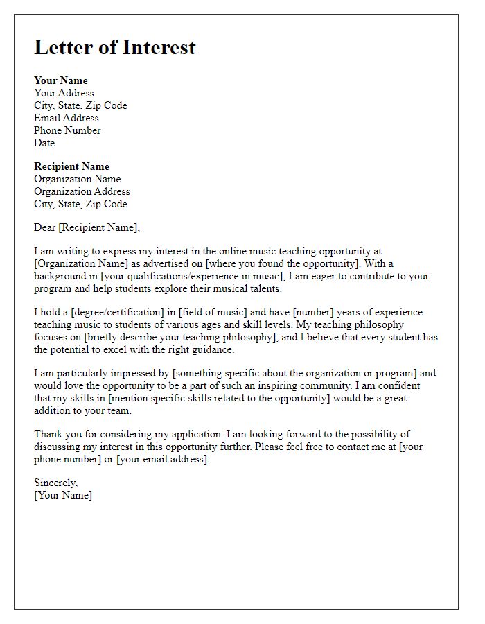 Letter template of interest in an online music teaching opportunity.