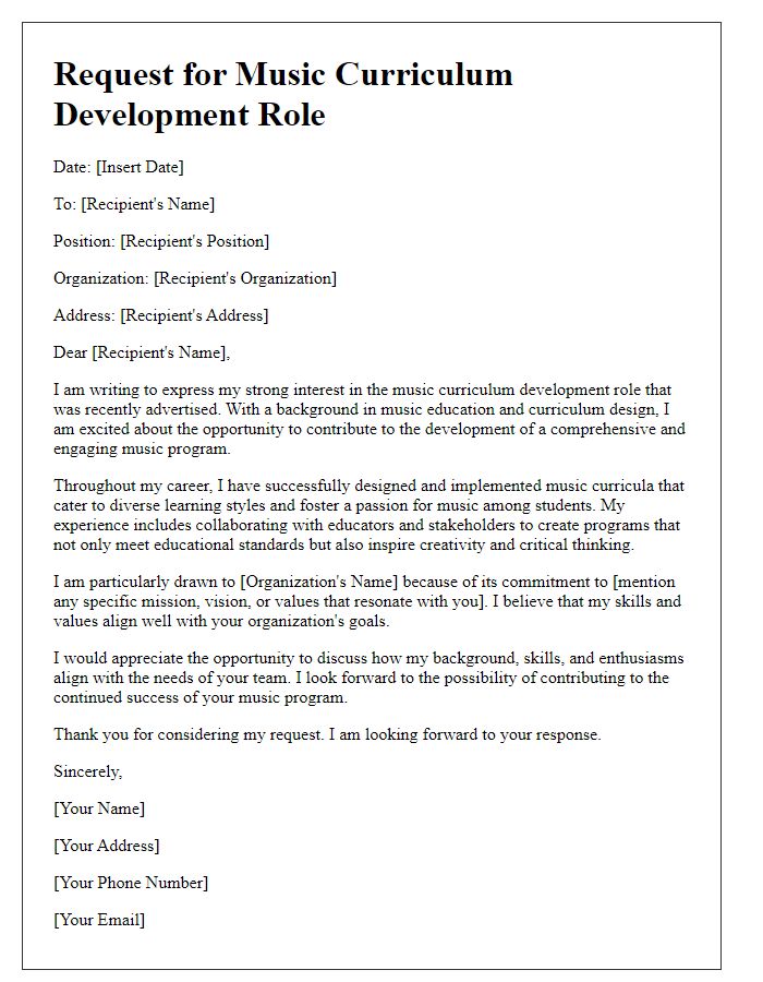 Letter template of request for a music curriculum development role.