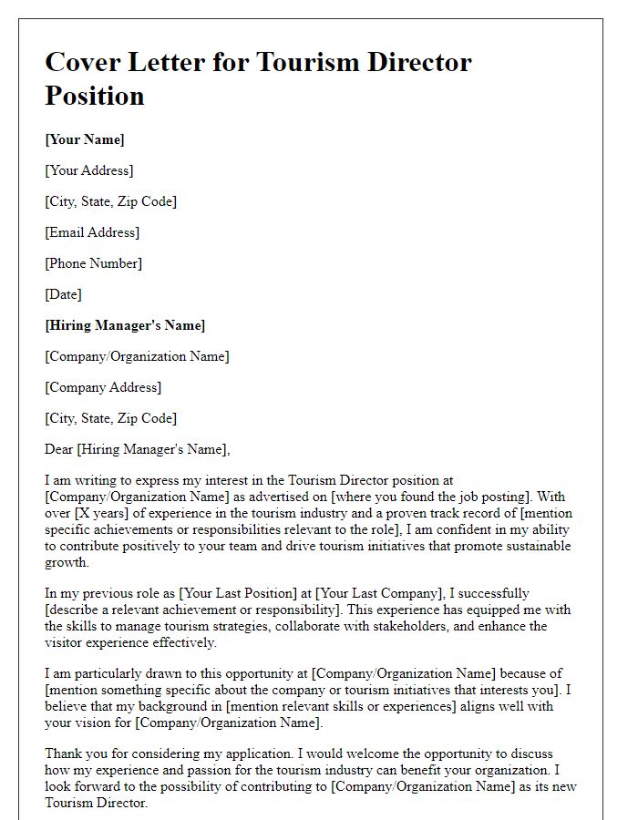 Letter template of cover letter for tourism director role