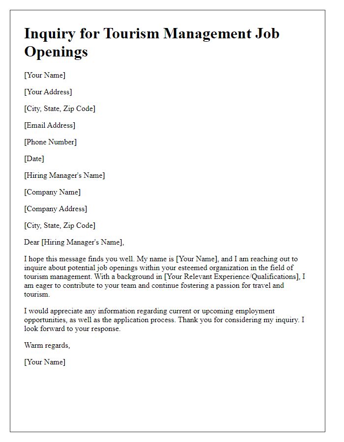 Letter template of inquiry for tourism management job openings