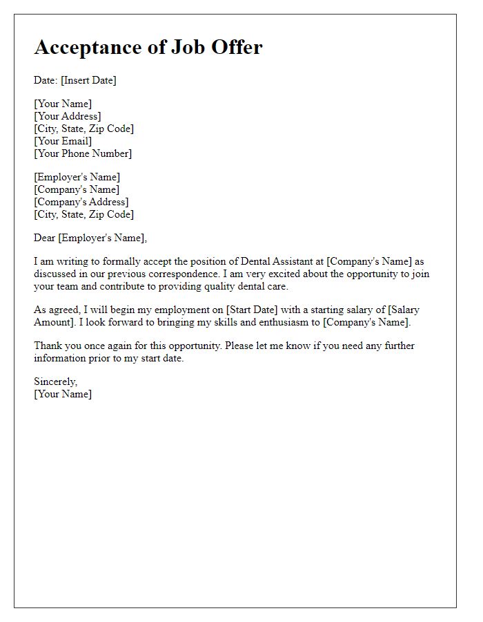 Letter template of acceptance for dental assistant position.