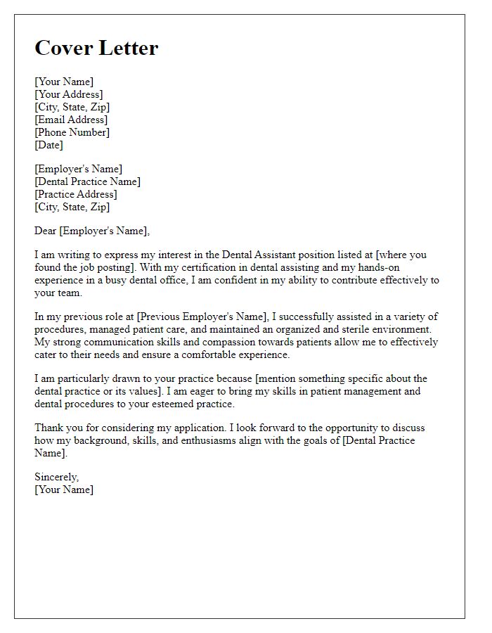 Letter template of cover letter for dental assistant vacancy.