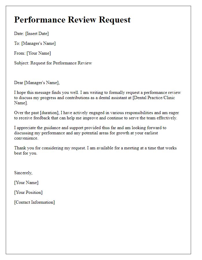 Letter template of performance review request for dental assistant.