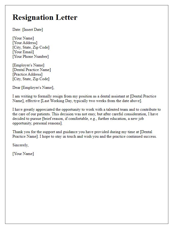 Letter template of resignation for dental assistant job.