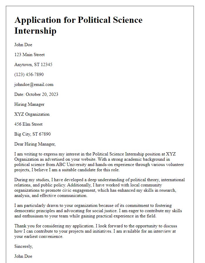 Letter template of application for political science internship.