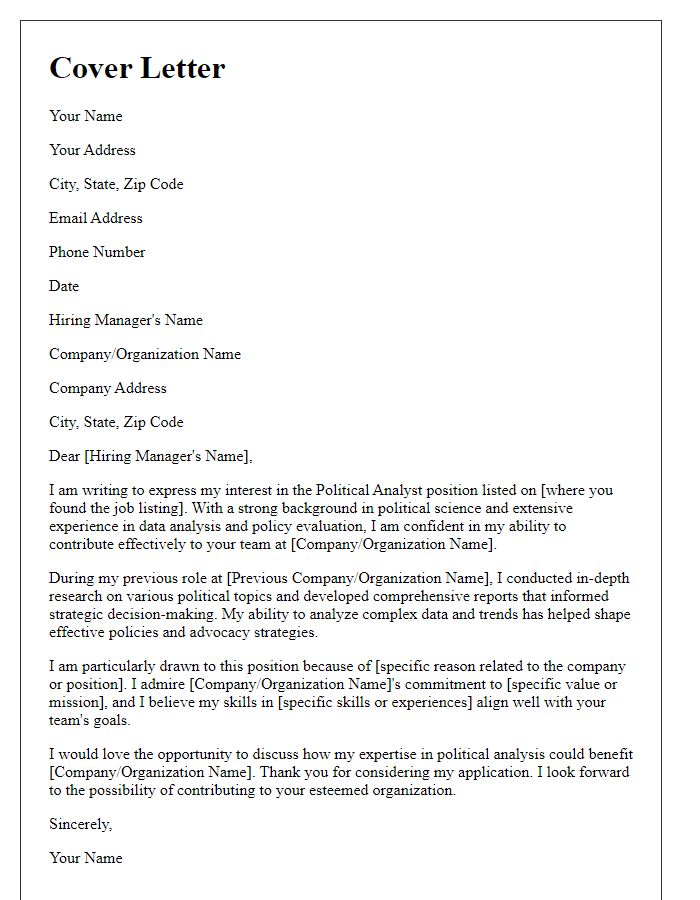 Letter template of cover letter for political analyst position.