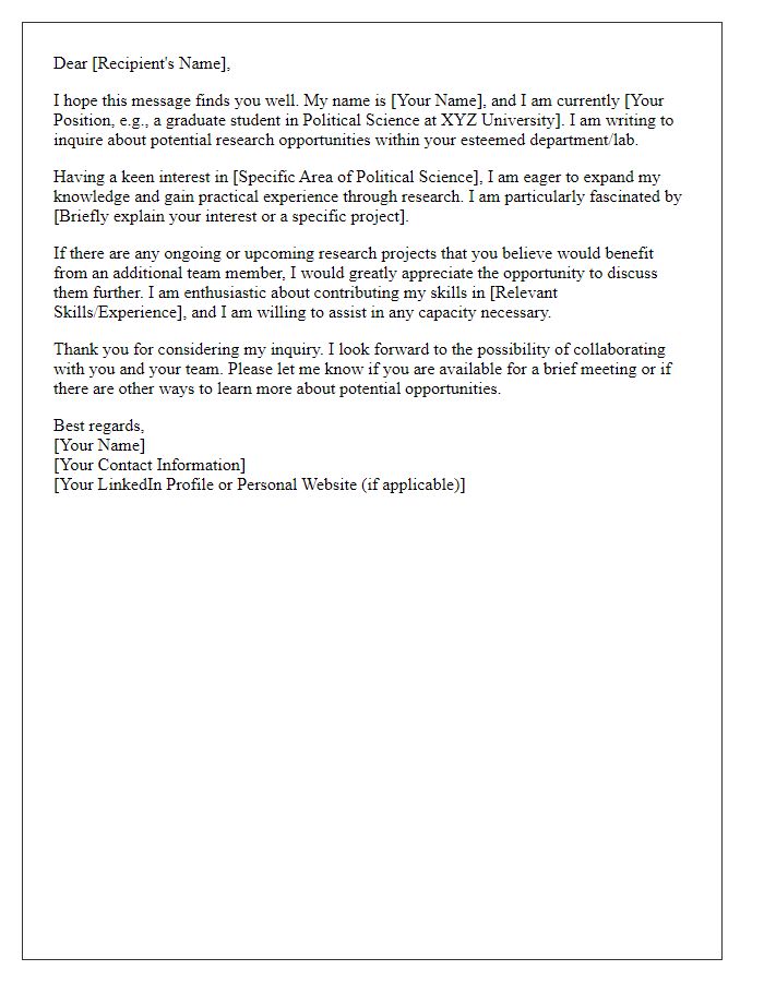 Letter template of inquiry for political science research opportunities.