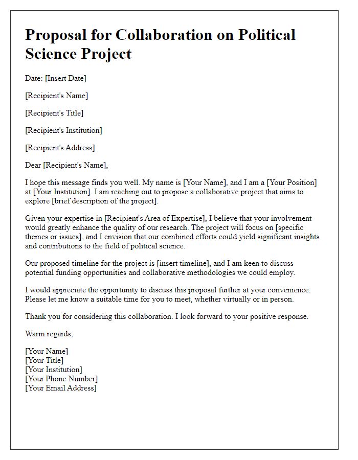 Letter template of proposal for political science project collaboration.