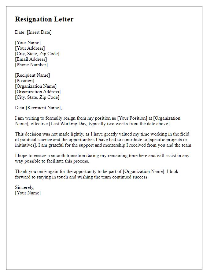 Letter template of resignation for political science-related job.