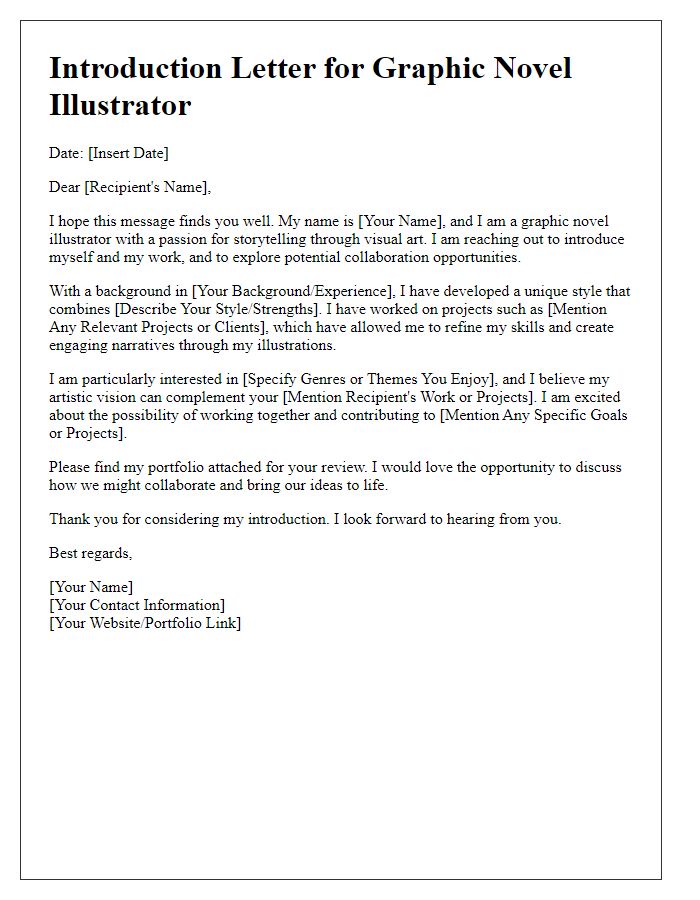 Letter template of introduction for graphic novel illustrator.