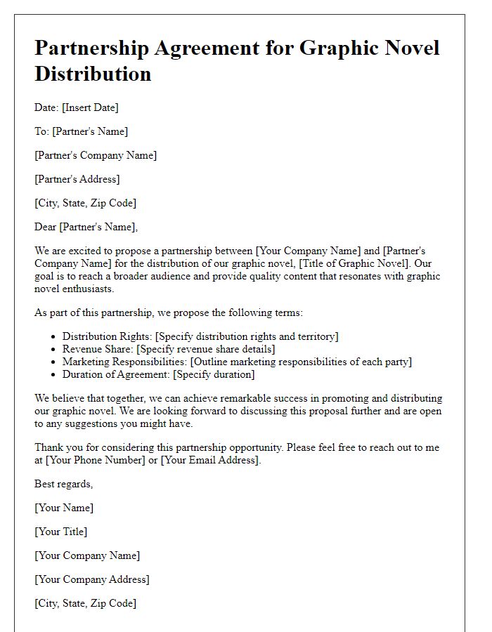 Letter template of partnership for graphic novel distribution.