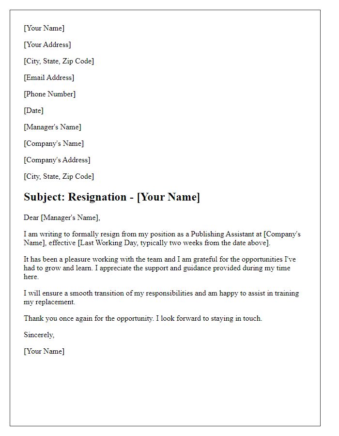 Letter template of resignation from a publishing assistant role