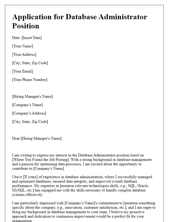 Letter template of application for database administrator position