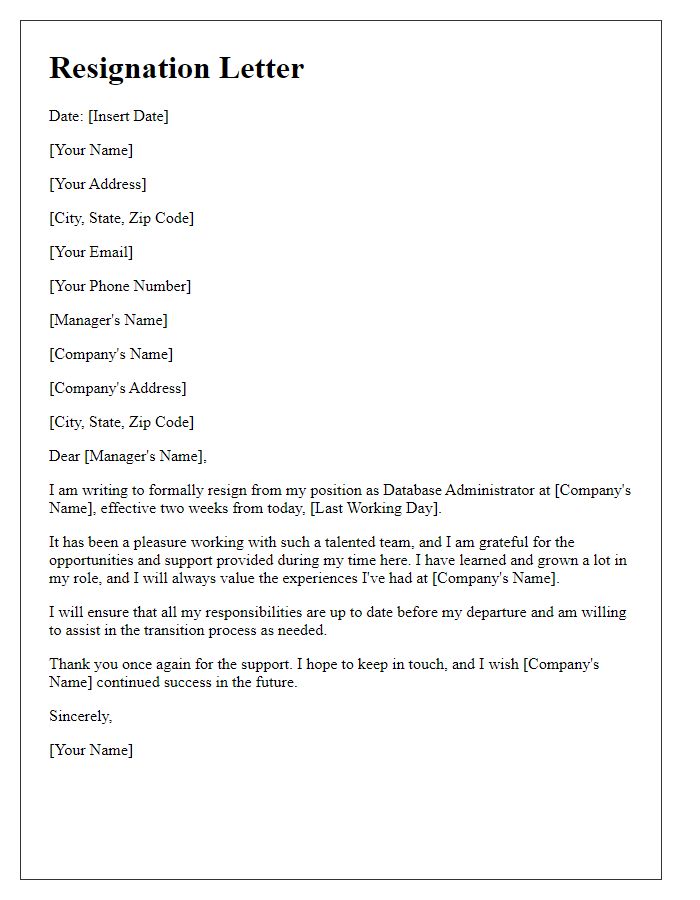 Letter template of resignation from database administrator role