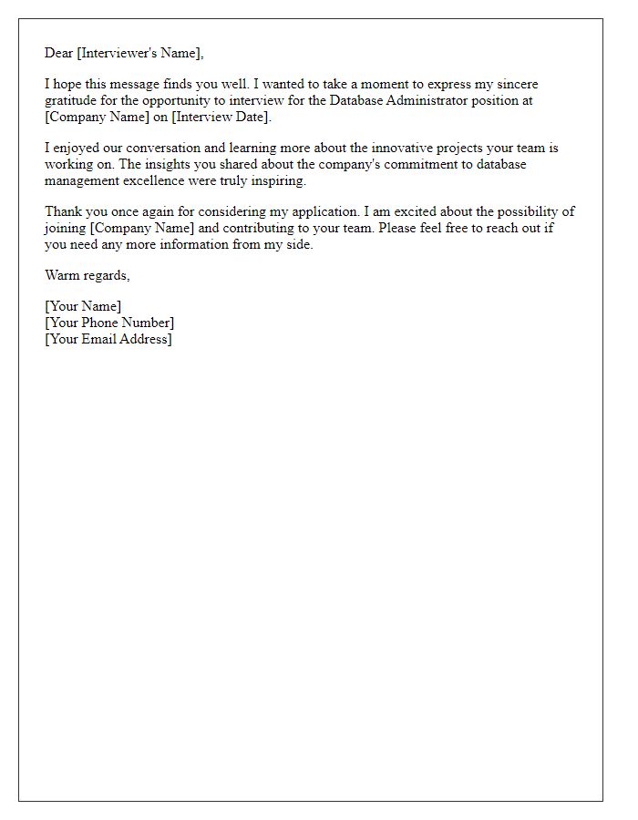 Letter template of thank you for database administrator interview