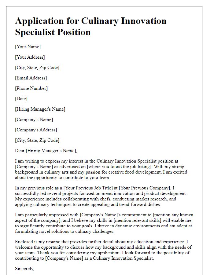 Letter template of application for culinary innovation specialist positions.