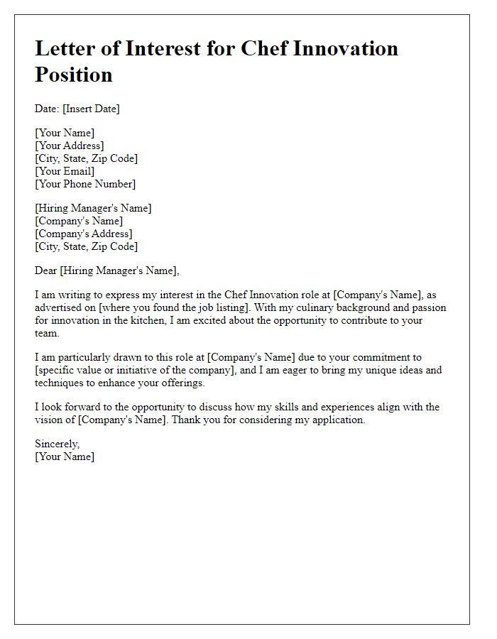 Letter template of interest for chef innovation roles.