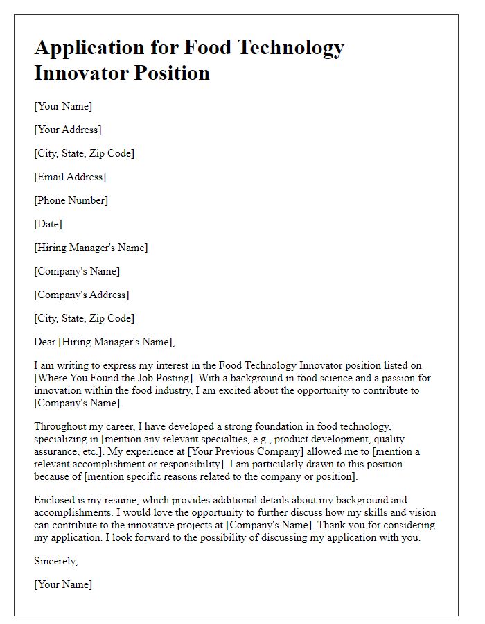 Letter template of submission for food technology innovator positions.