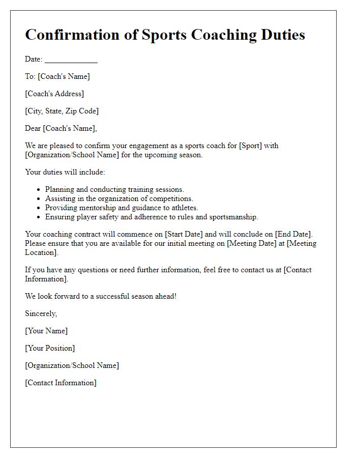 Letter template of confirmation for sports coaching duties