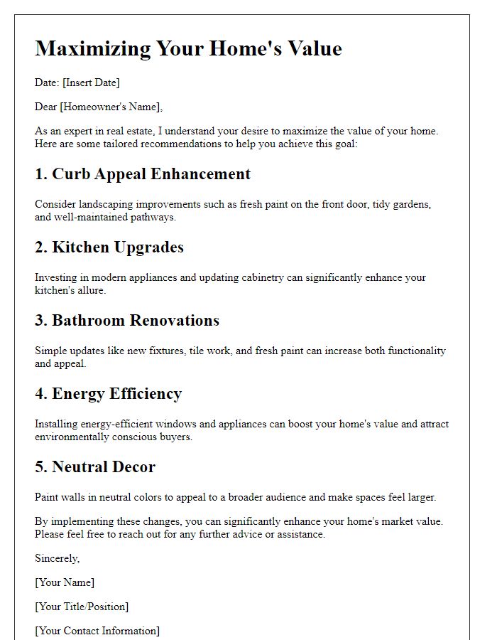 Letter template of Expert Advice for Maximizing Your Home's Value