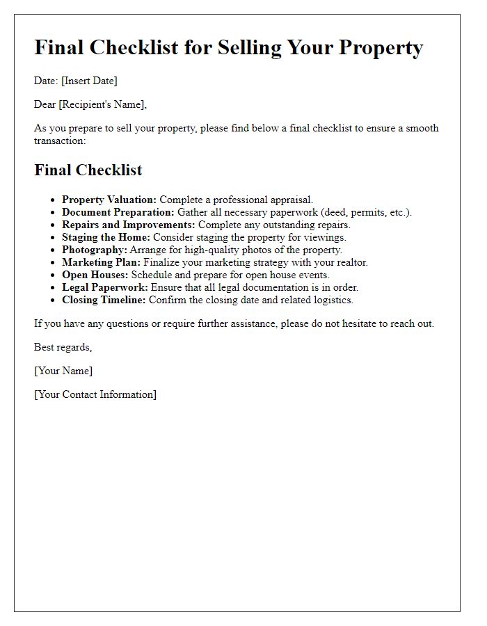 Letter template of Final Checklist for Selling Your Property