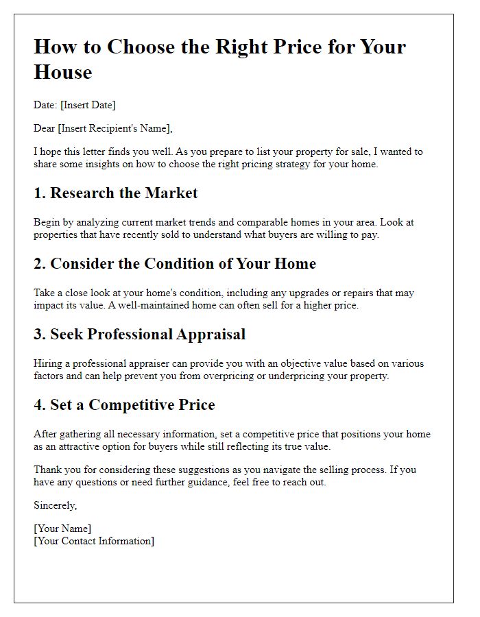 Letter template of How to Choose the Right Price for Your House